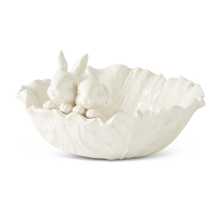 Antique White Cabbage Bowl w/ Rabbit