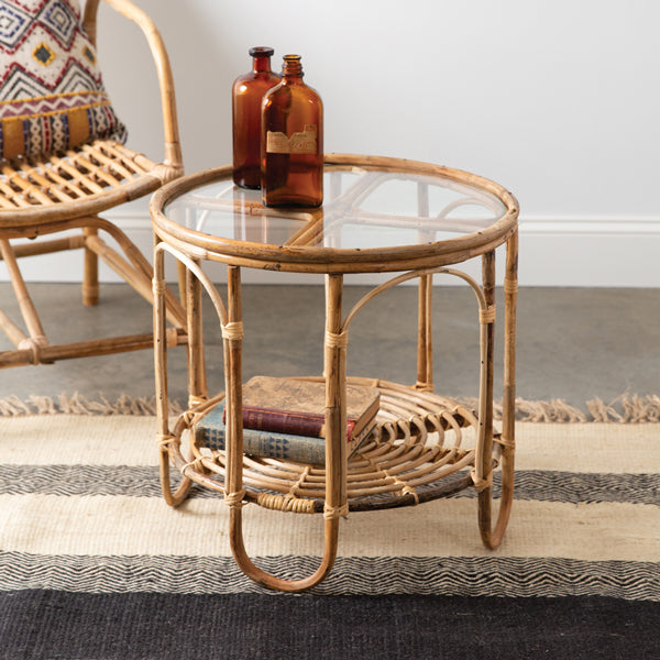 Rattan and Glass Side Table