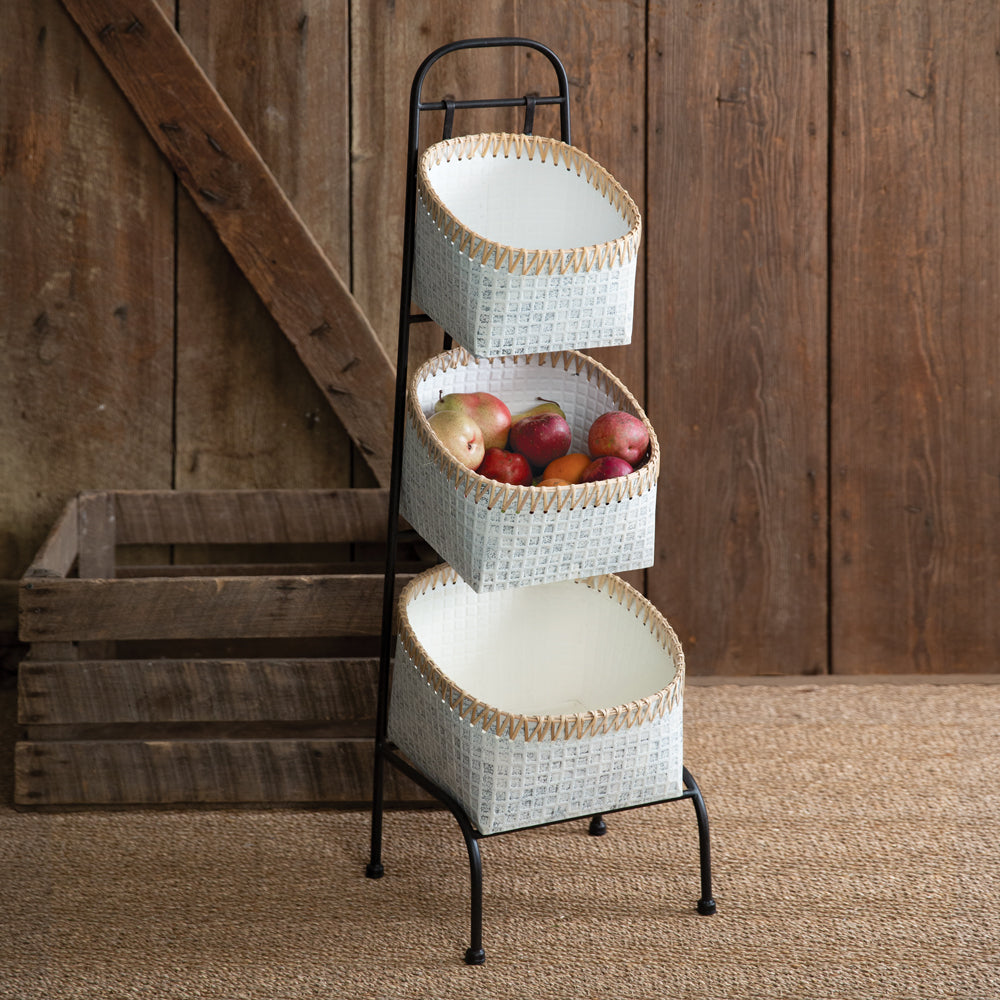 Whitewashed Cane Tiered Floor Basket