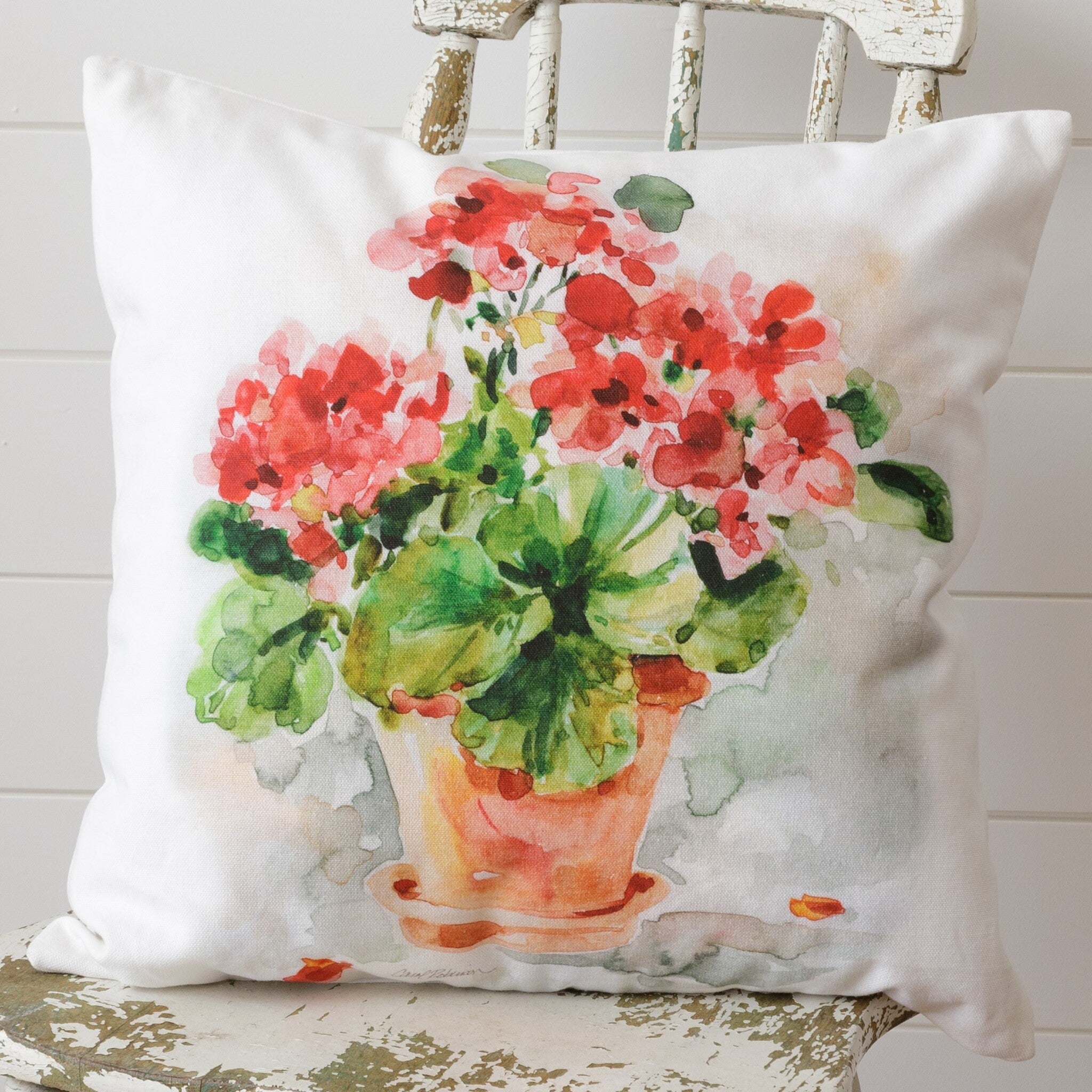 Watercolor Geraniums Pillow