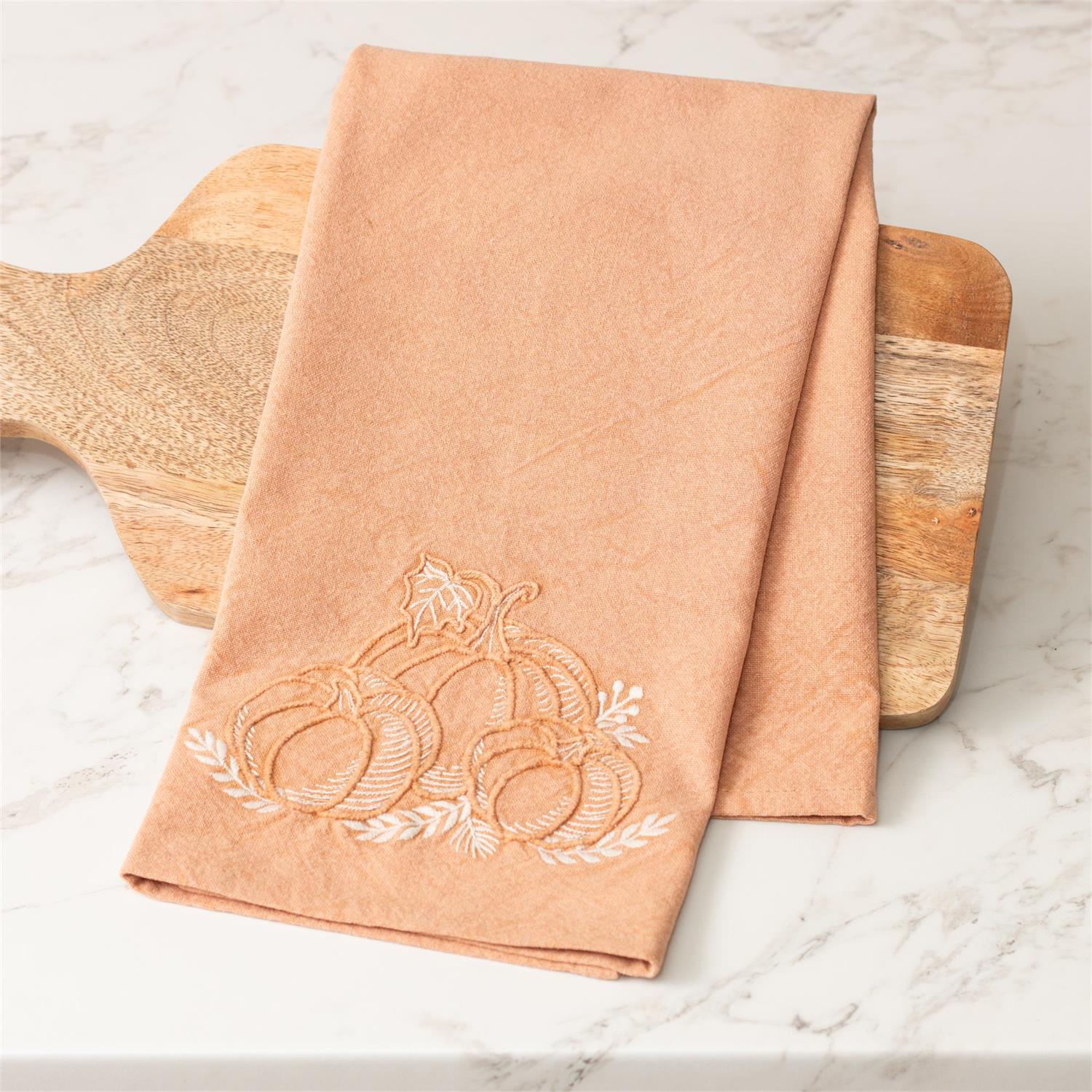 Stonewash With Pumpkin Embroidery Tea Towel (S/2)