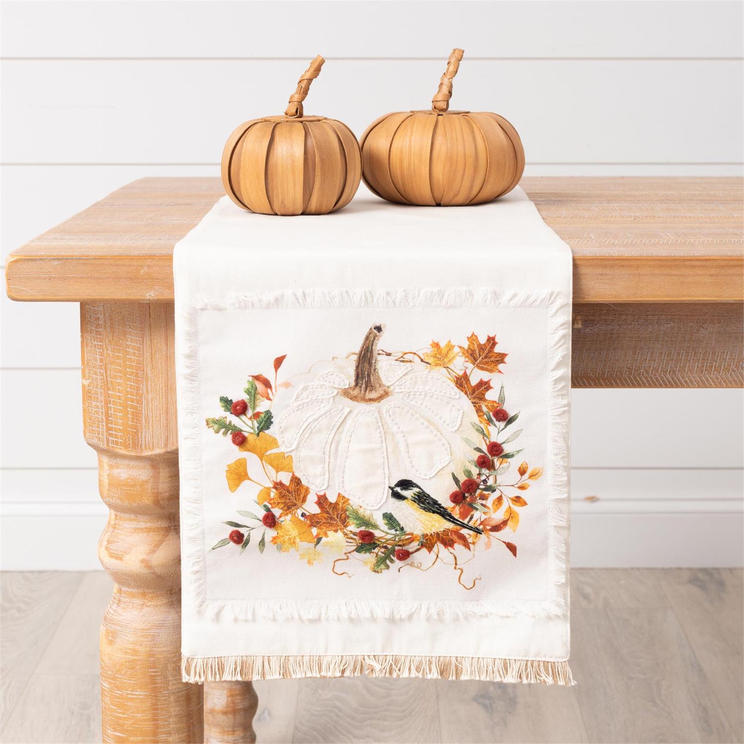 White Pumpkins and Leaves Table Runner