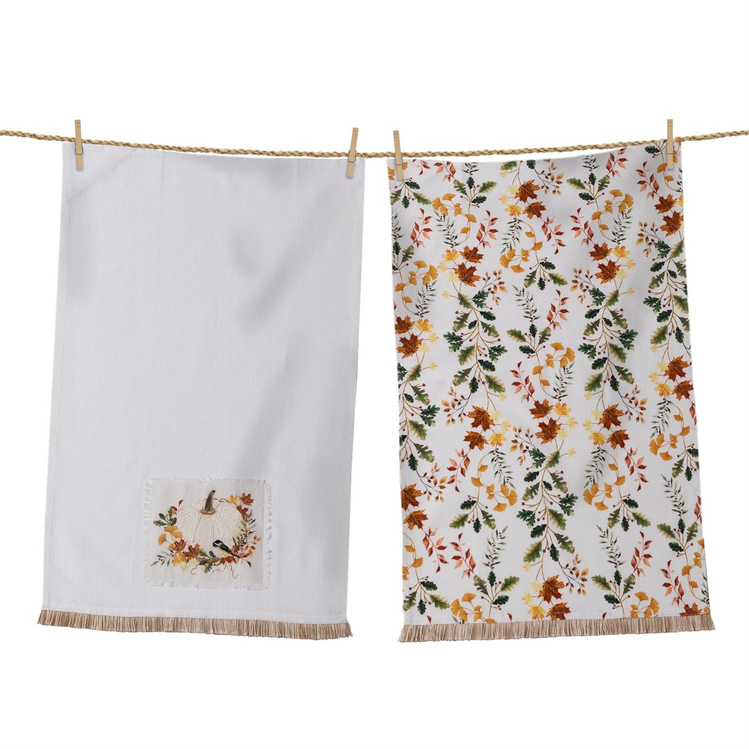 White Pumpkins And Leaves Tea Towels (S/2)