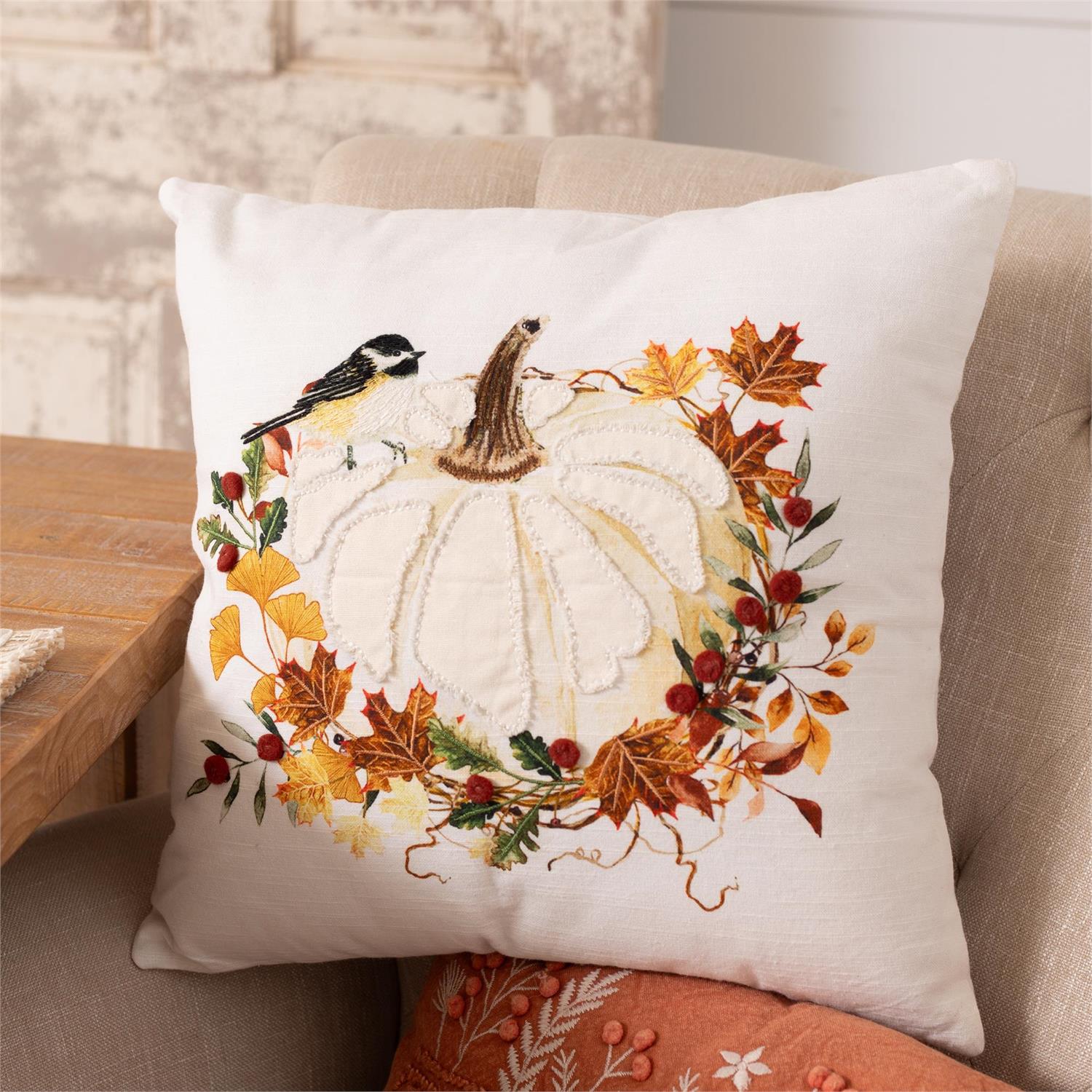 White Pumpkins And Leaves Pillow