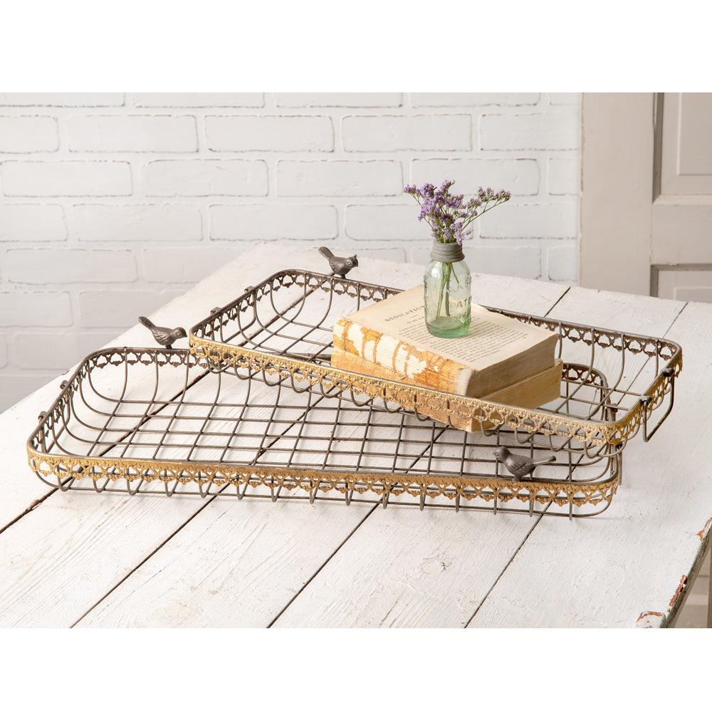 Set of Two Nesting Wire Baskets with Birds