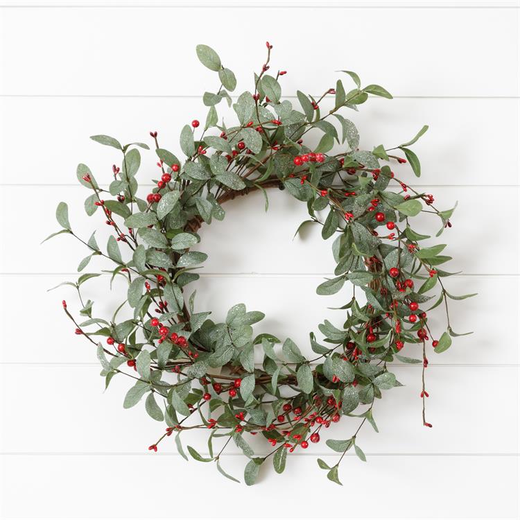 24" Frosted Foliage w/ Red Berries Wreath