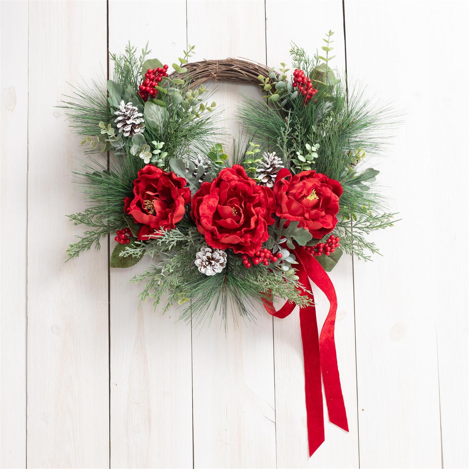 Red Felt Flower with Winter Foliage Wreath