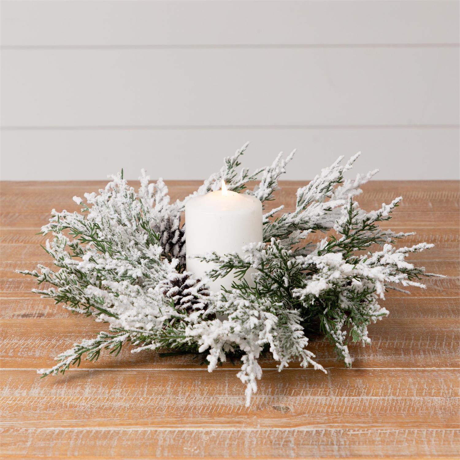 White Flocked With Pinecones Candle Ring