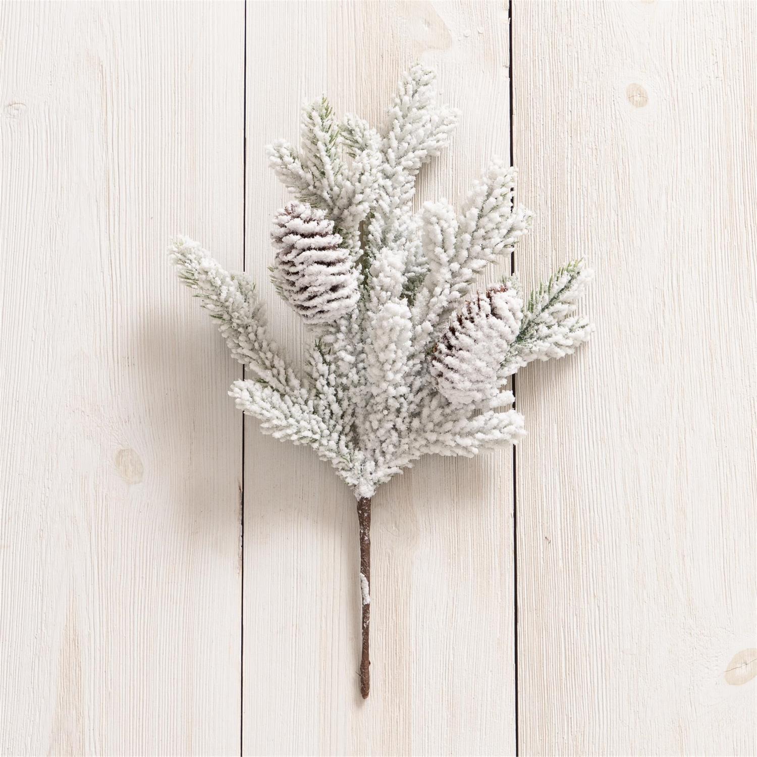 White Flocked Stem With Pinecones