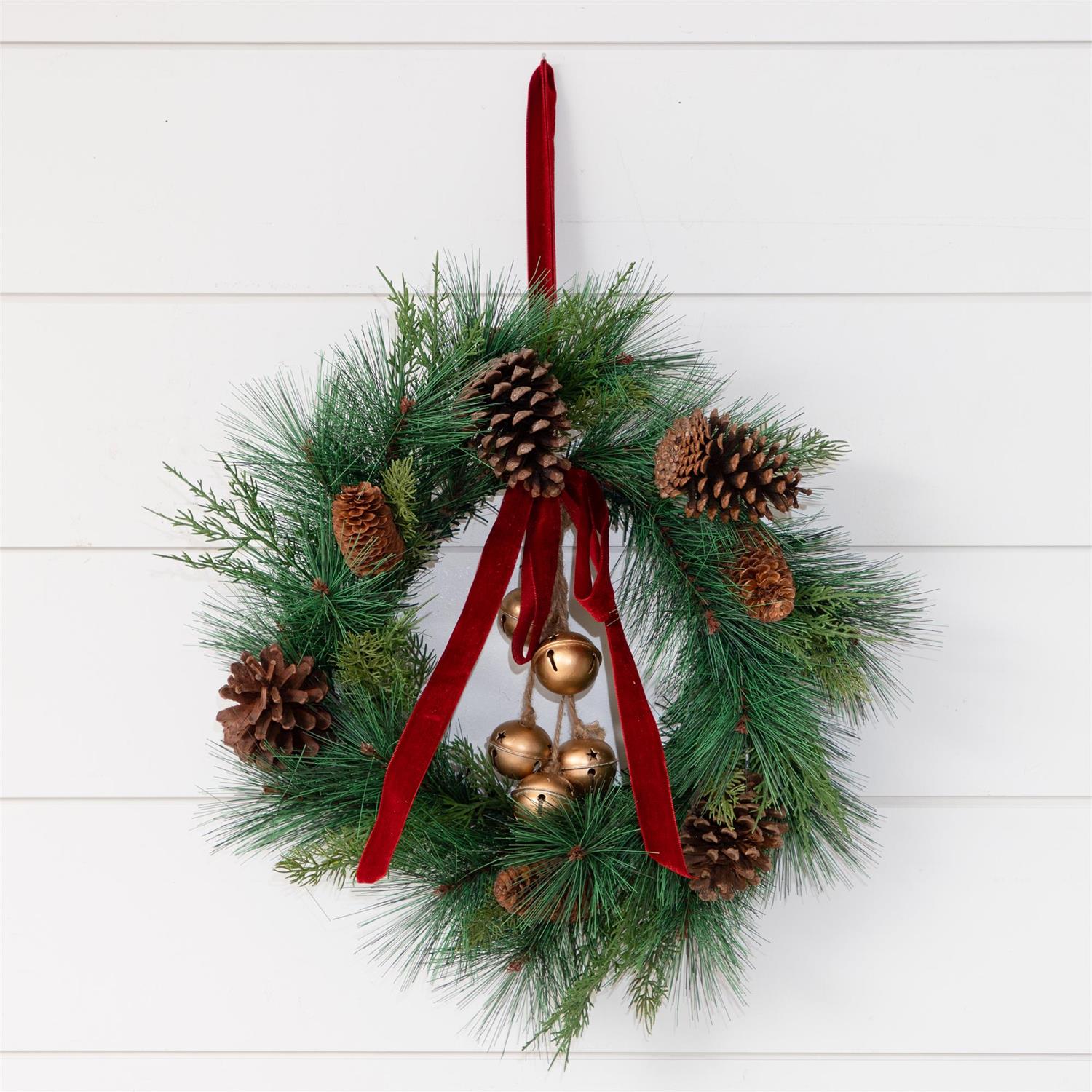 Pine With Velvet Ribbon And Gold Bells Wreath