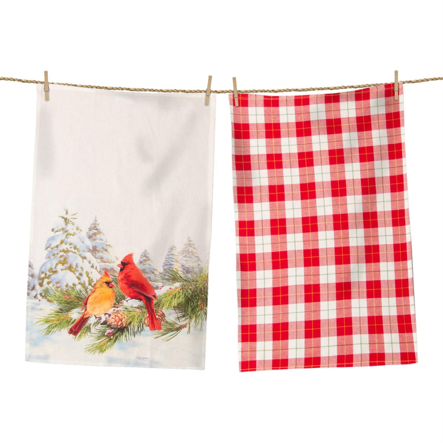 Cardinals And Red Plaid Tea Towels (S/2)