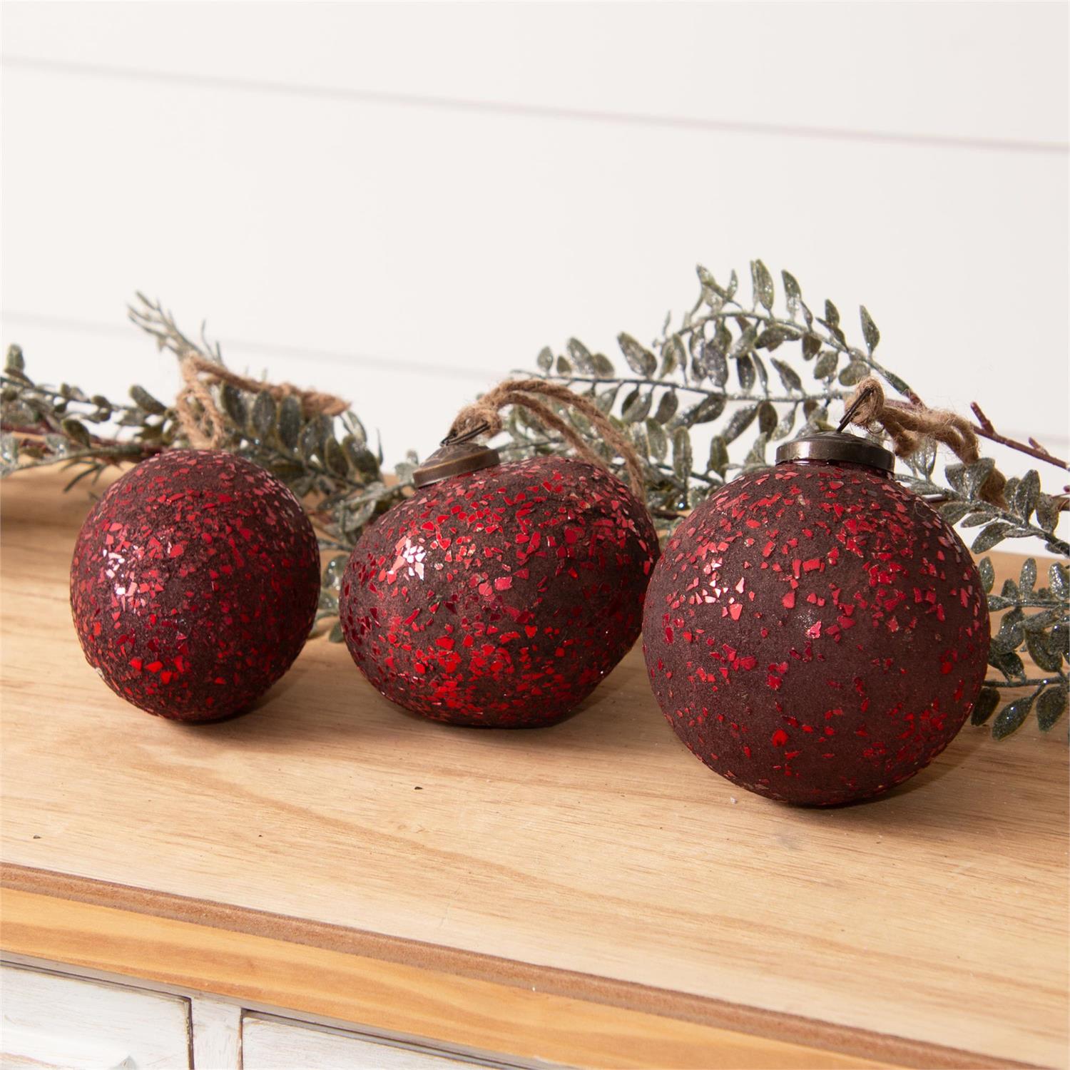 Red Crushed Glass Mosaic Ornaments (S/3)