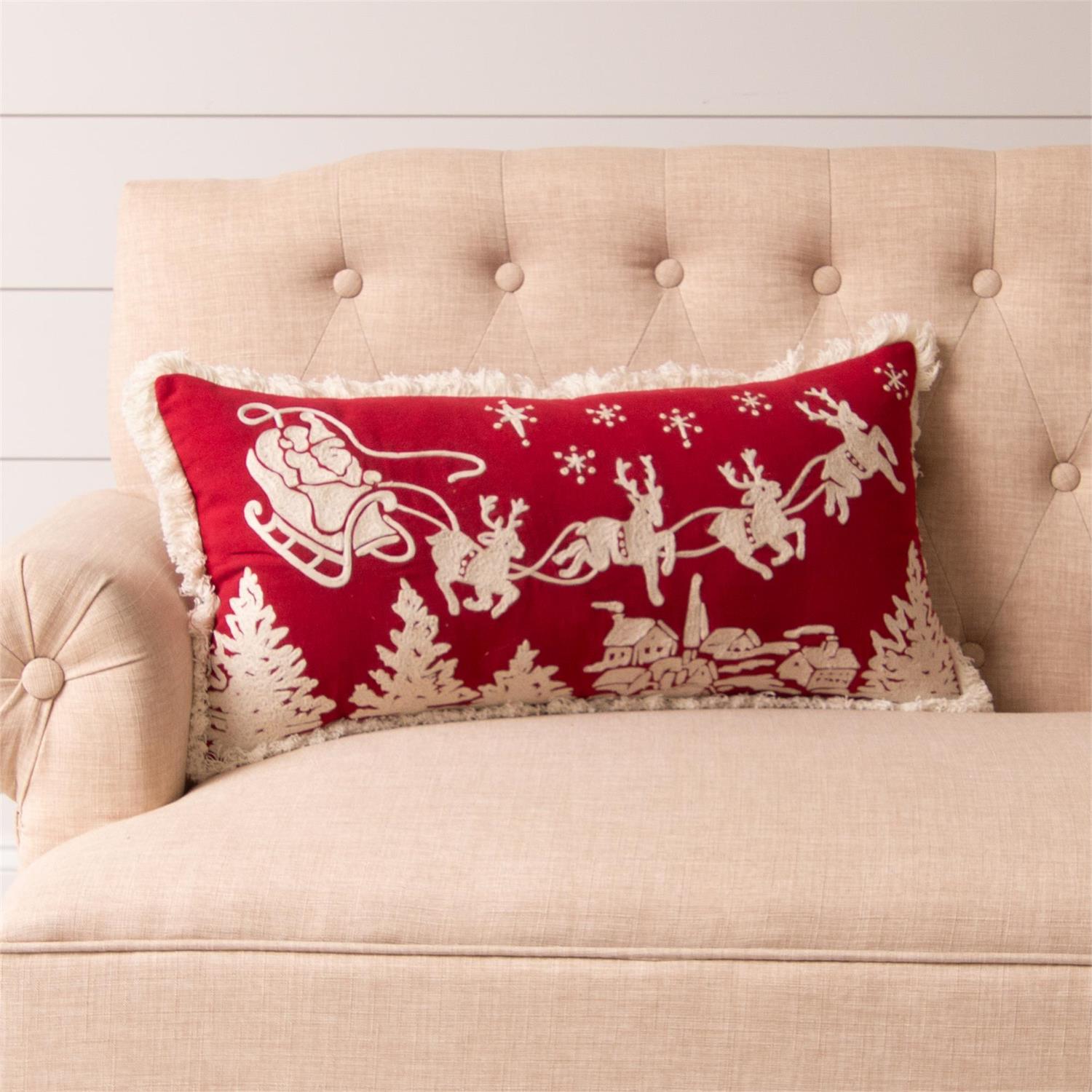 Embroidered Santa's Sleigh Scene PIllow