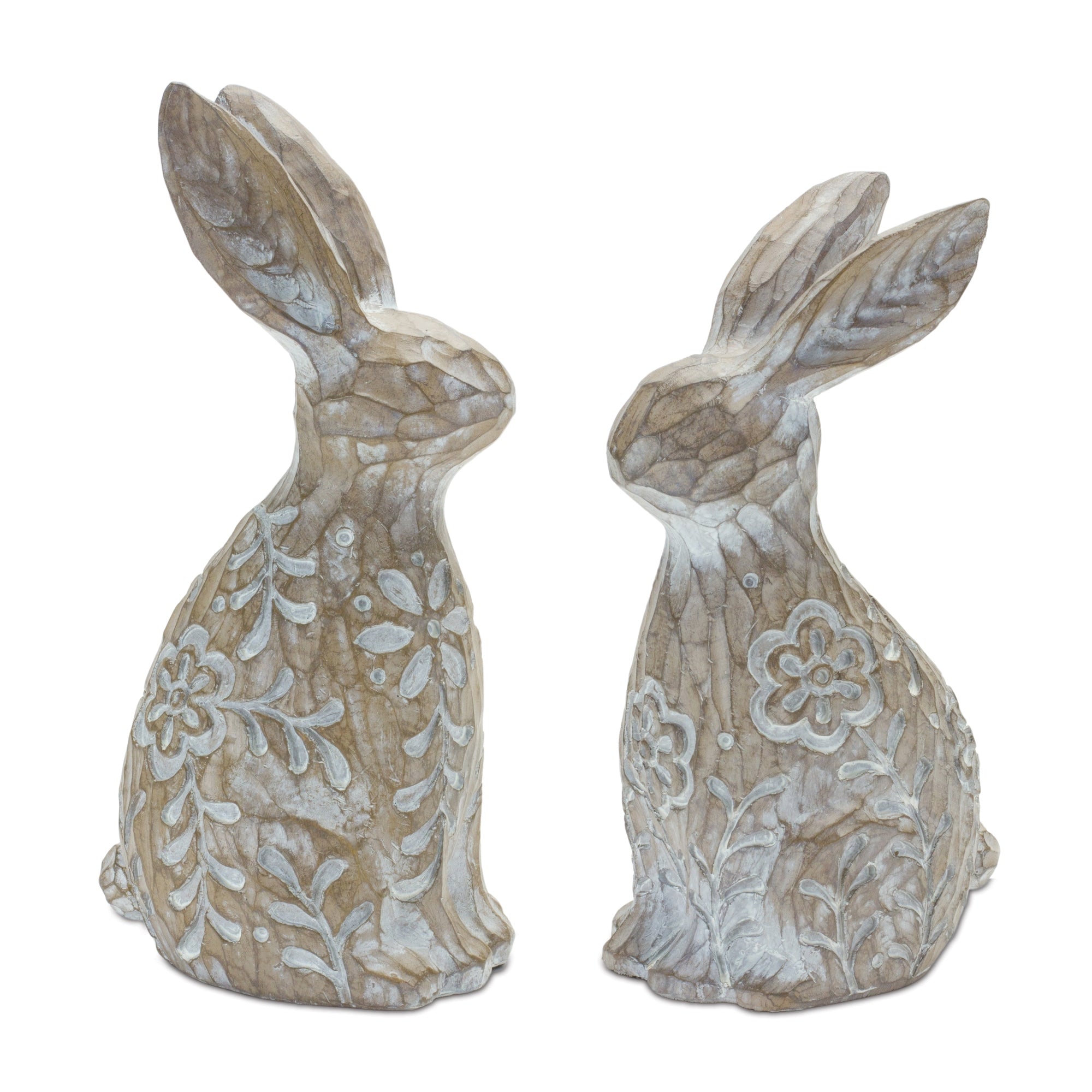 Floral Carved Rabbit Figurine (Set of 2)