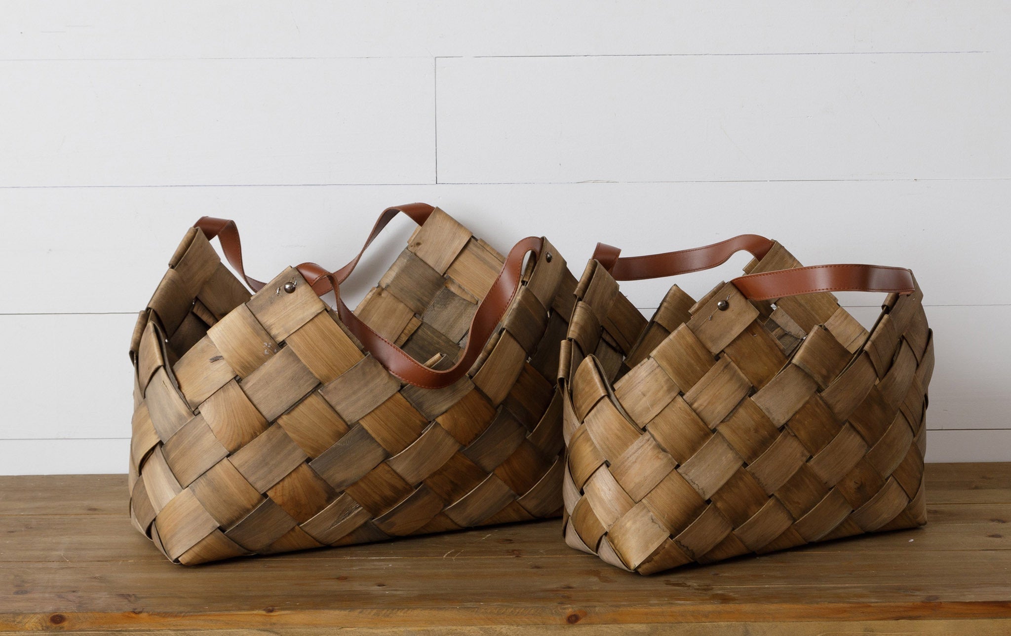 Chipwood With Leather Handle Baskets (S/2)