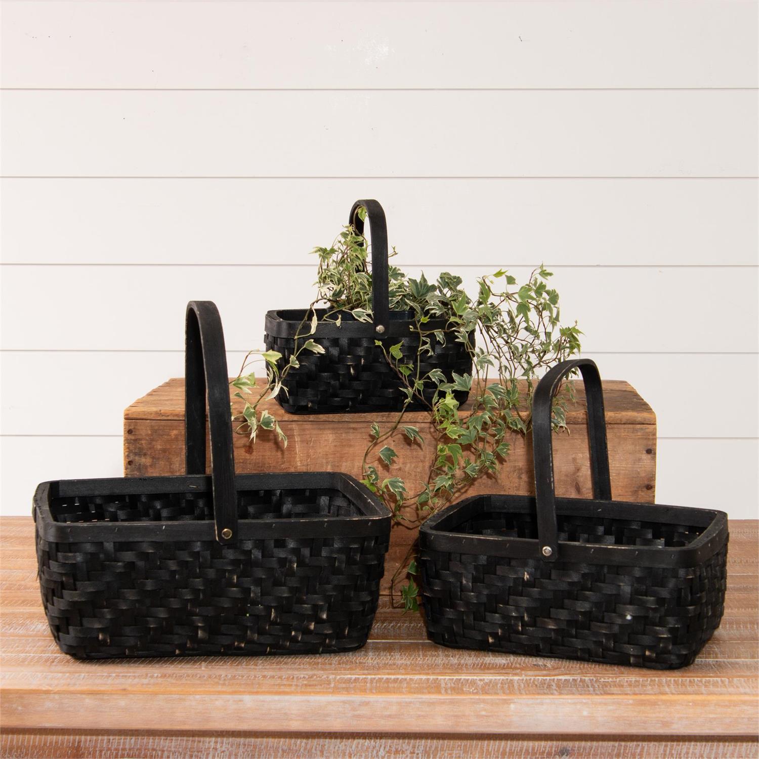 Black Woven Chipwood Baskets With Double Handles