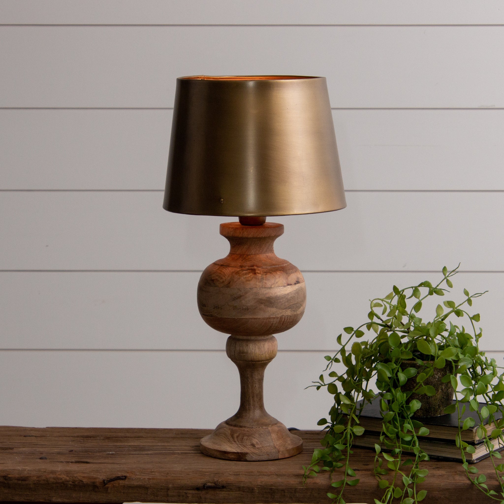 Table Lamp - Wood With Brass Tone Metal Shade