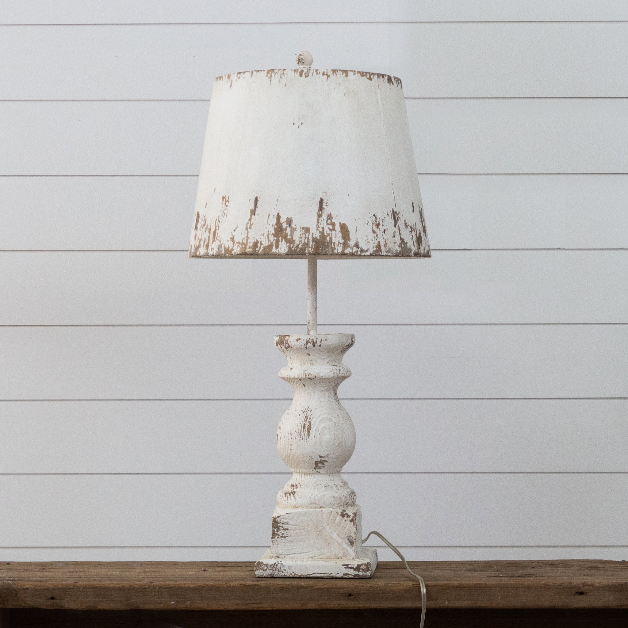 Distressed White Table Lamp With Metal Shade