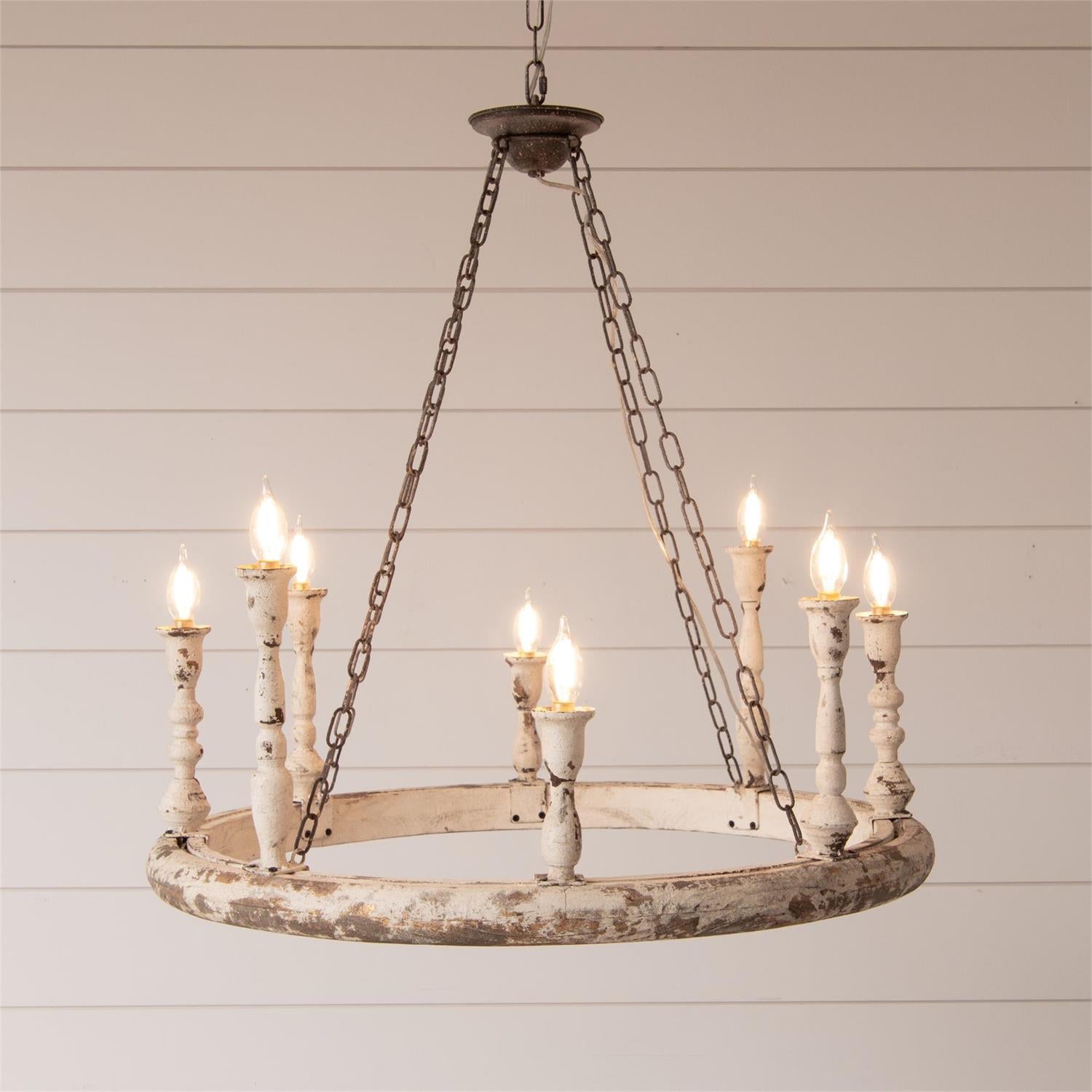Distressed White 8- Light Wagon Wheel Chandelier