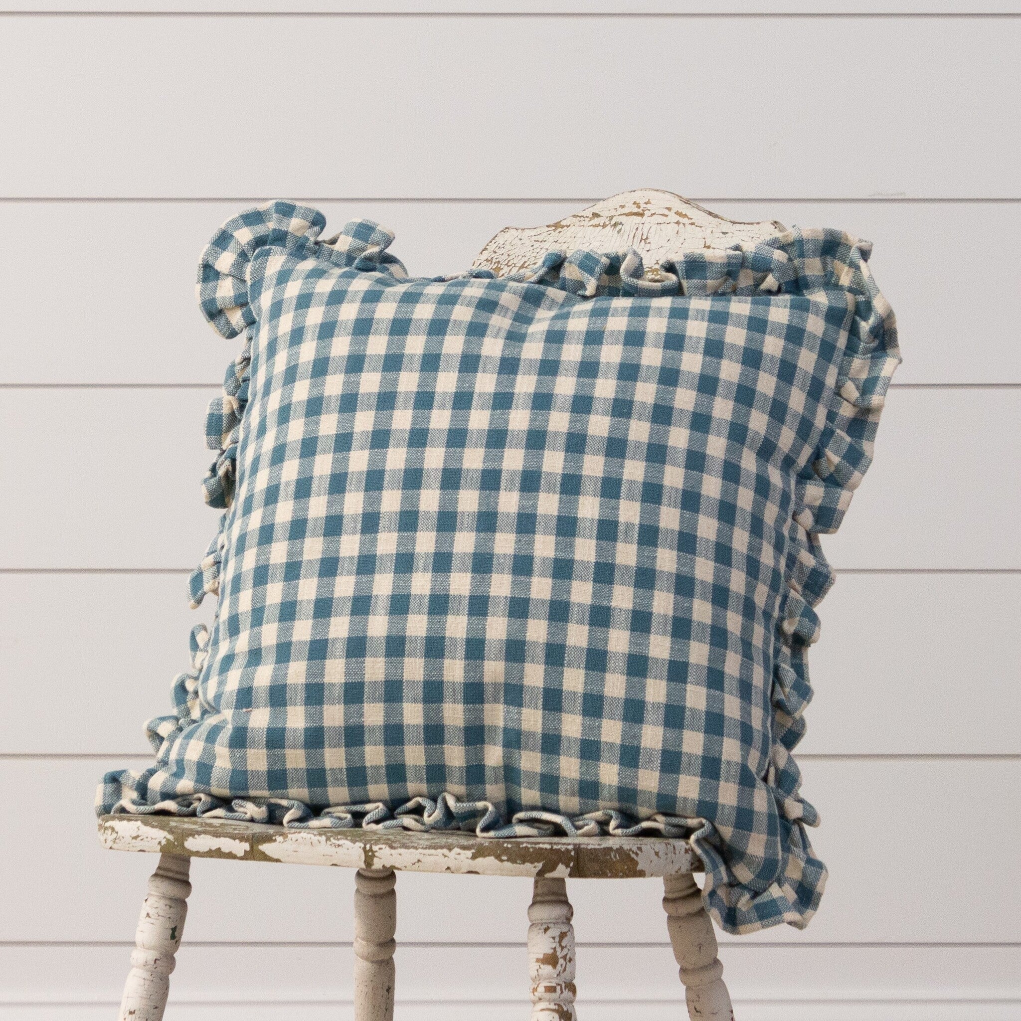 Pillow - Blue Check With Ruffled Edge