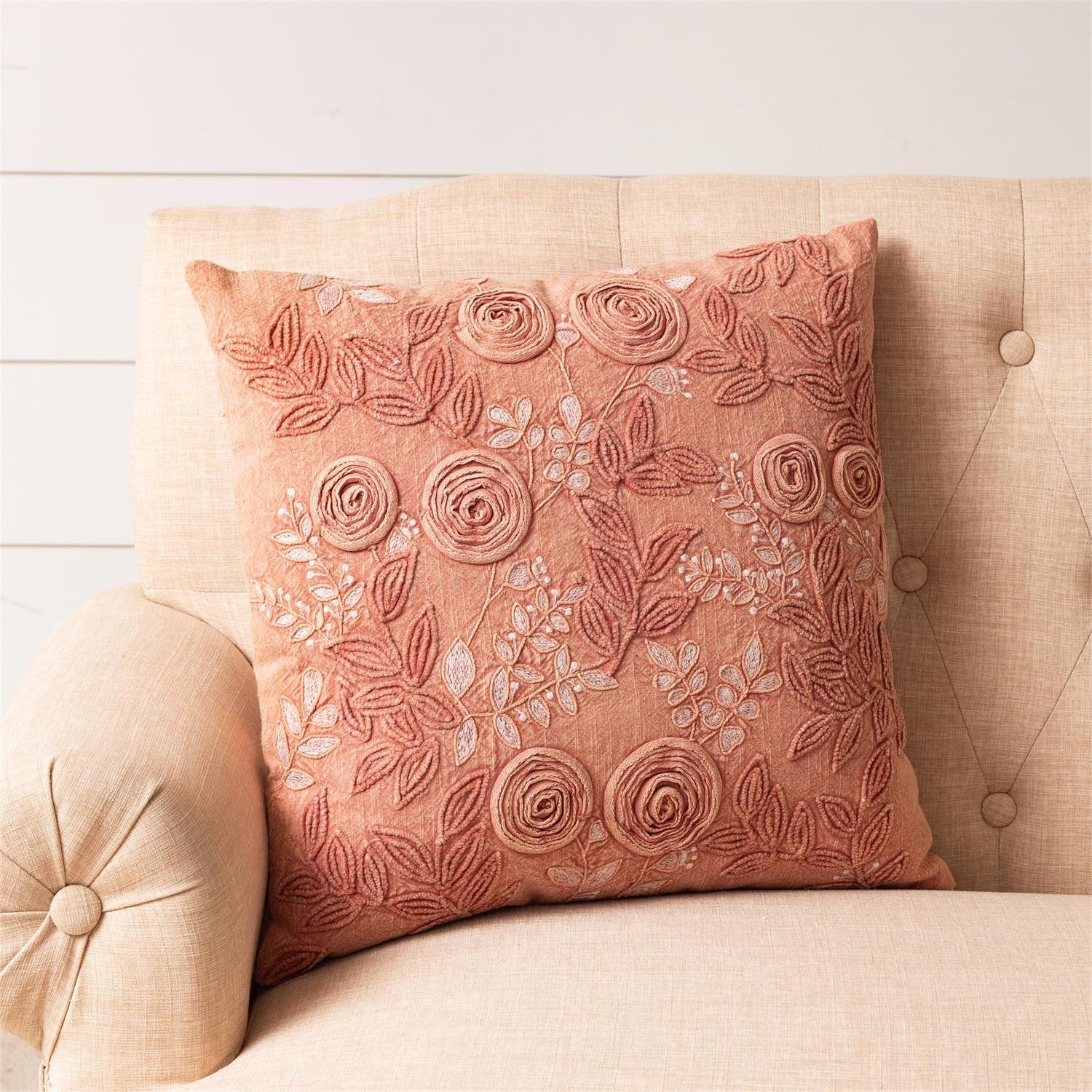 Rose Embroidered Stone Wash Embroidered Pillow