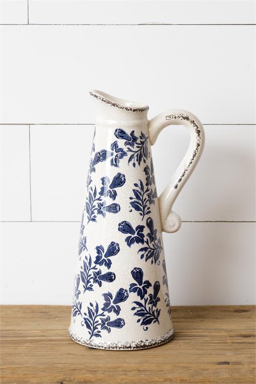 Blue Floral Pottery - Tall Pitcher