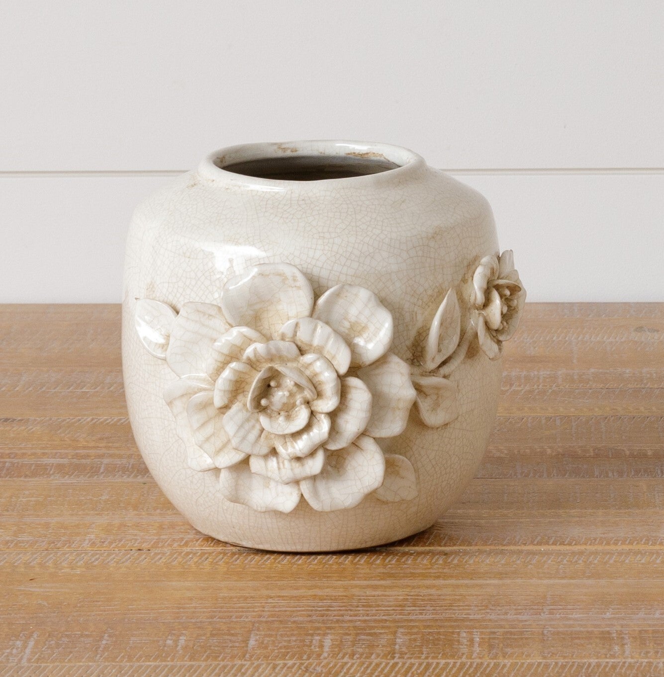 Ceramic Crackled Vase w/ Sculpted Flowers