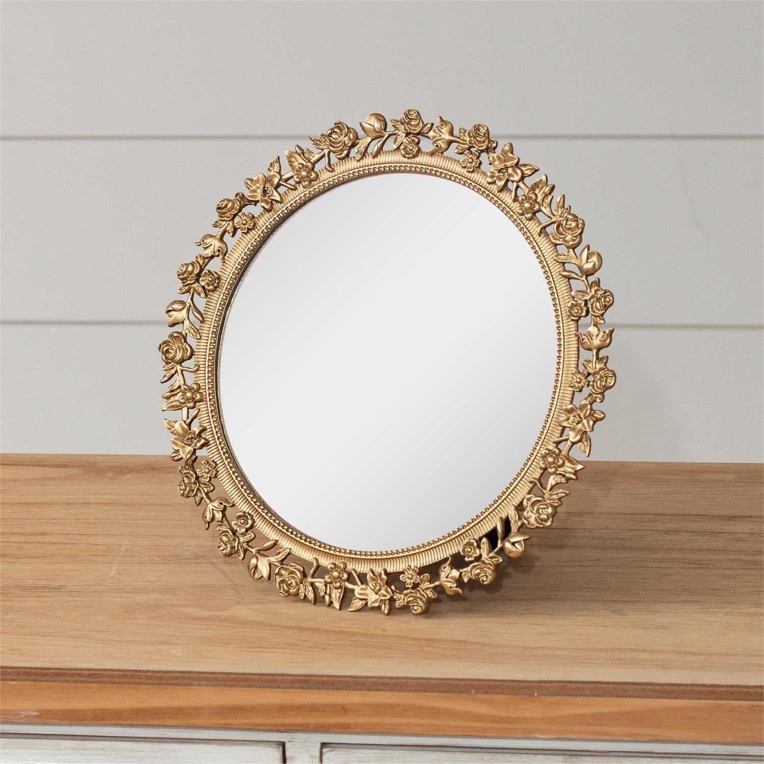 Gold Floral Round Table Mirror