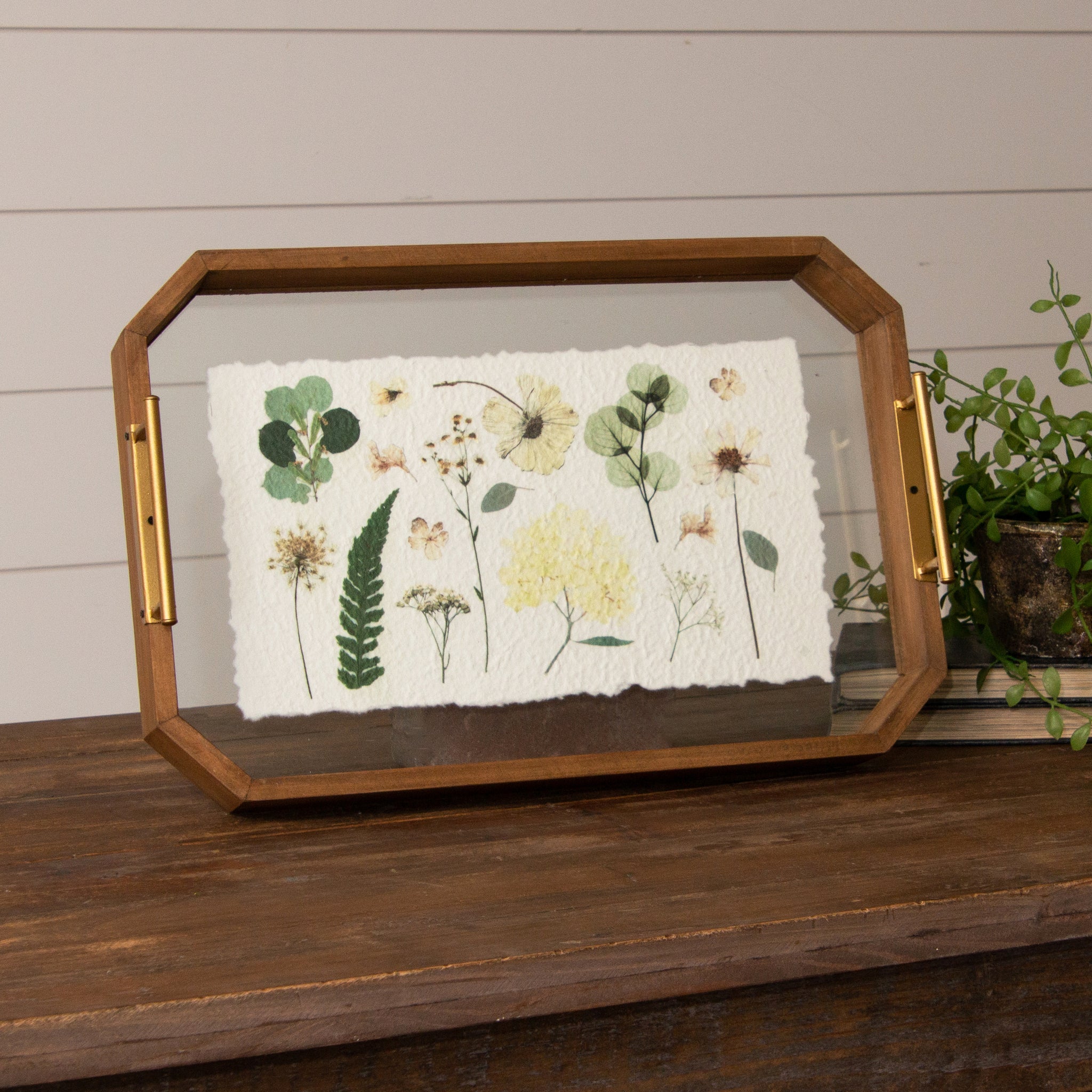 Glass Bottom Tray With Dried Floral Design