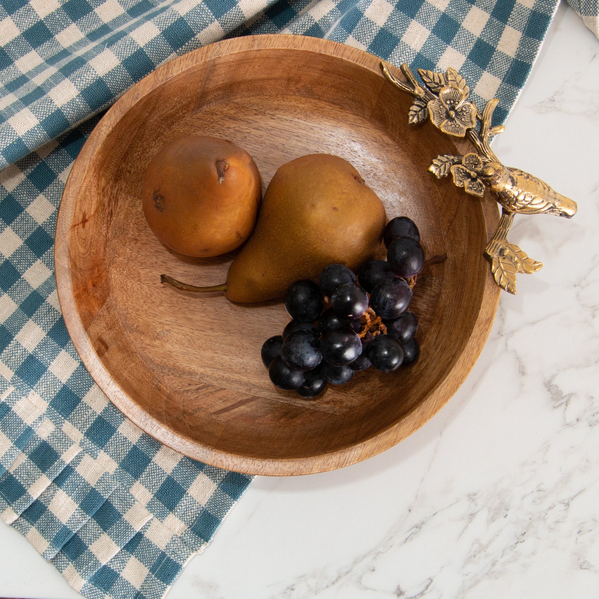 Mango Wood Round Bowl With Brass Bird