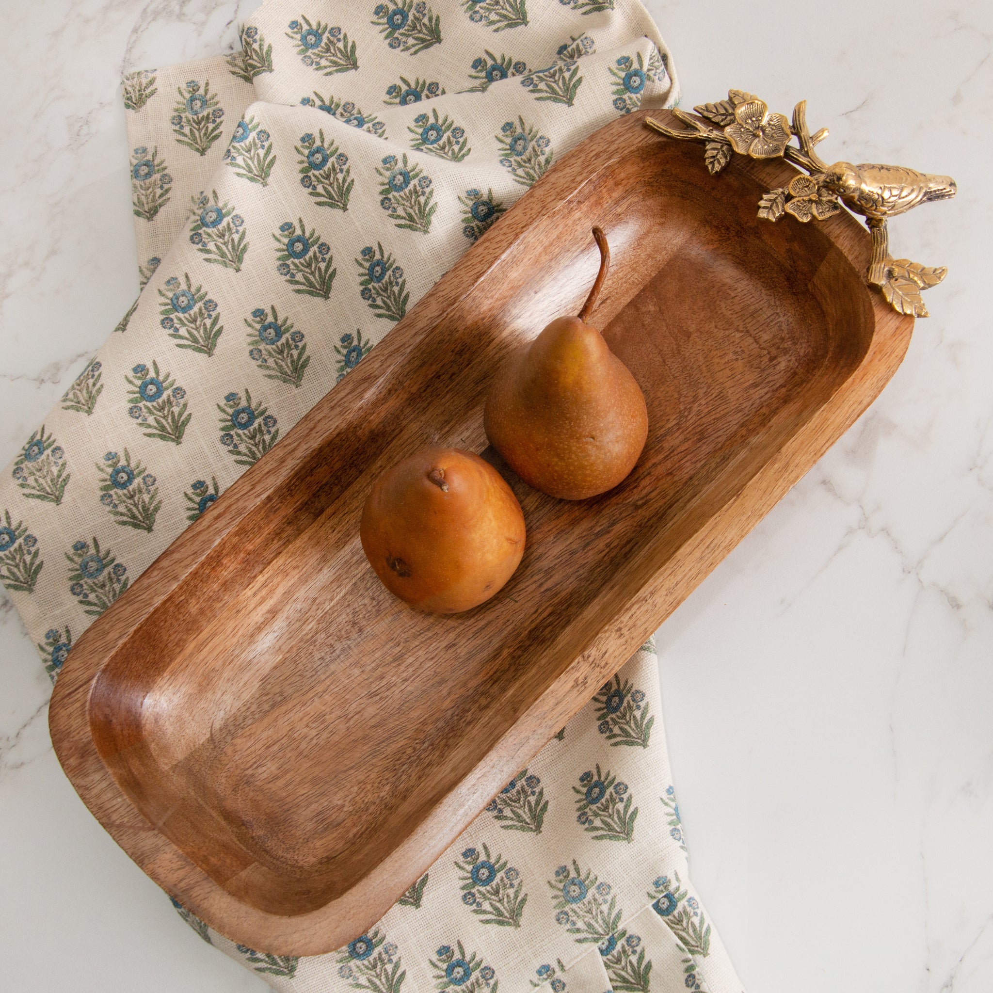 Mango Wood Dough Bowl With Brass Bird