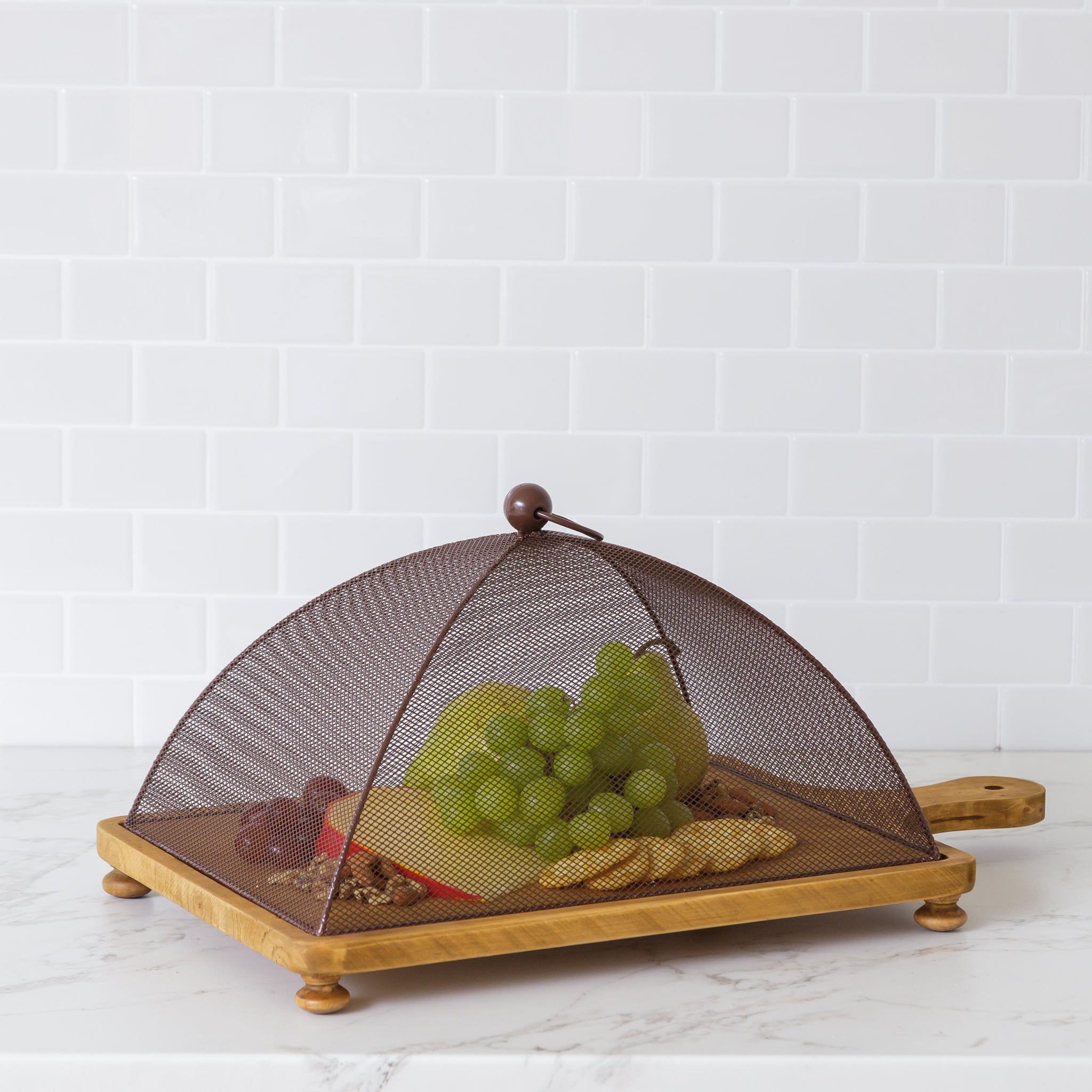 Wooden Serving Tray With Mesh Dome