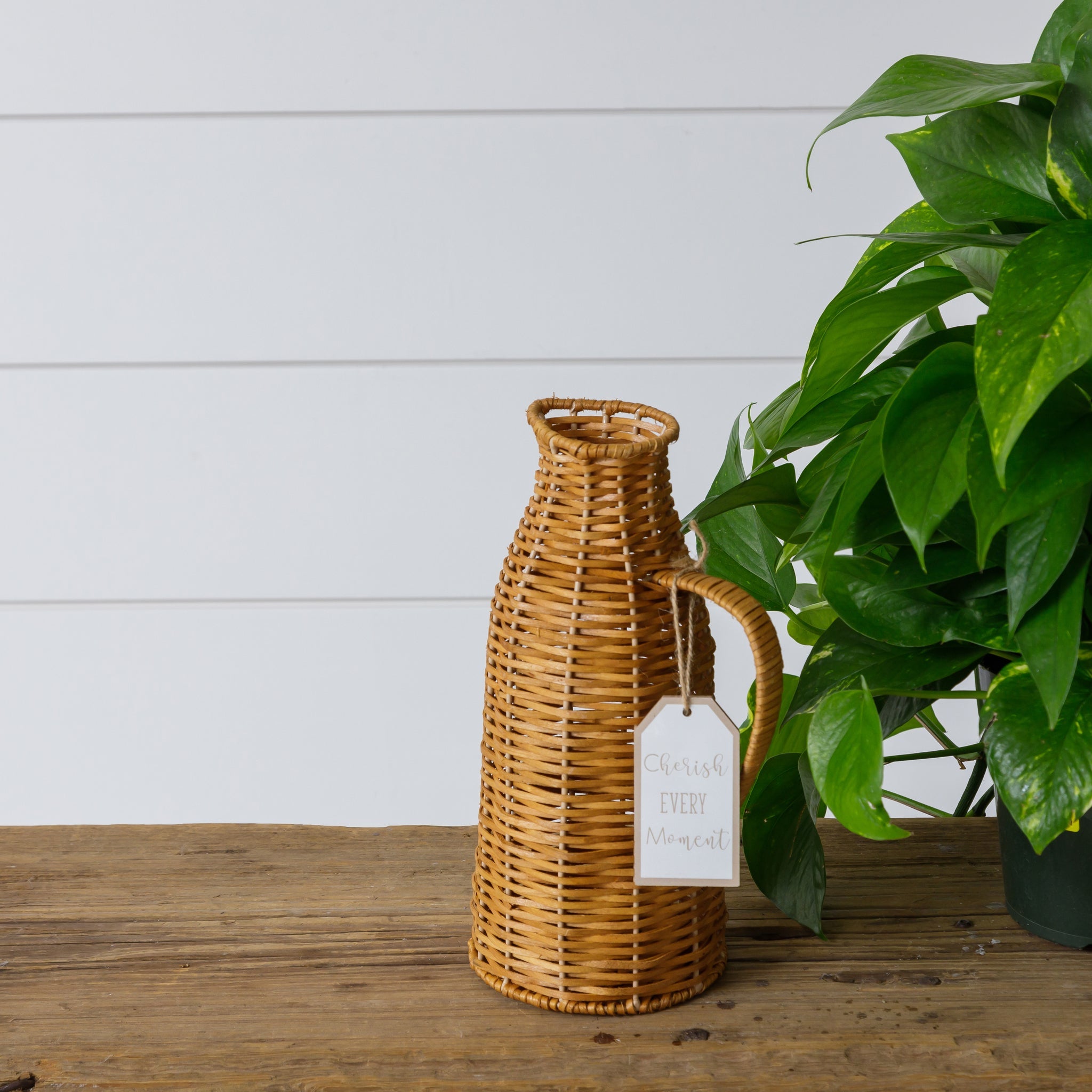 Woven Pitcher With Wood Tag - Cherish Every Moment