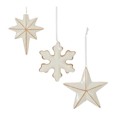 Star and Snowflake Ornament (3 Asst) 4”H Ceramic