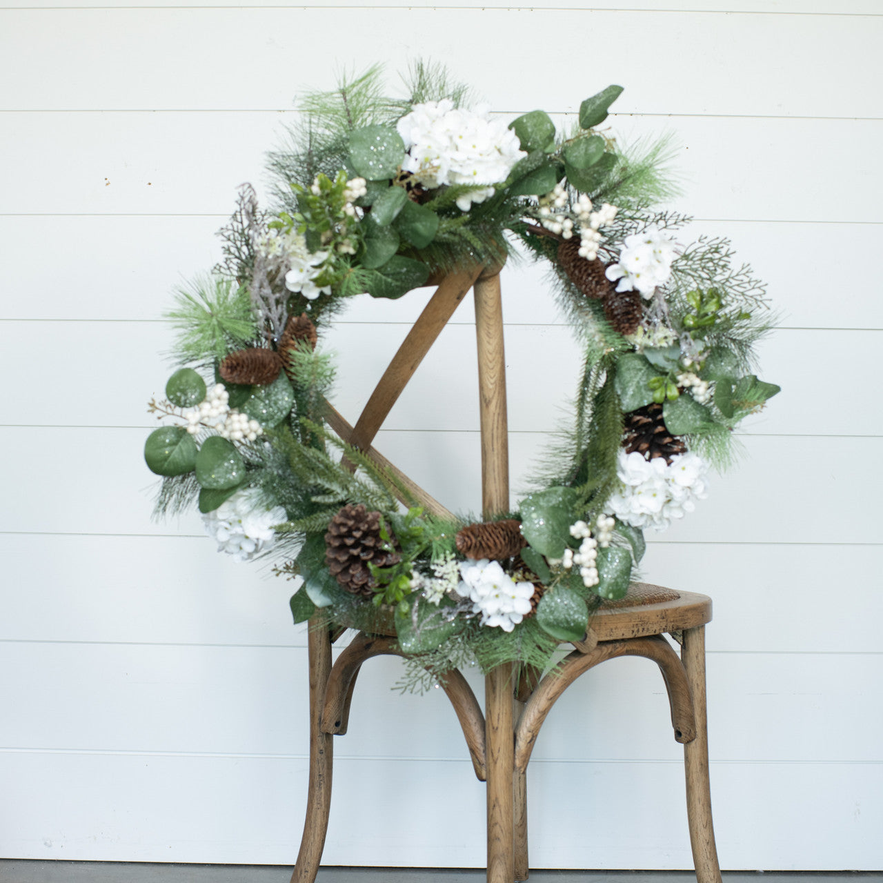 24" White Hydrangea, Berry and Pine Wreath