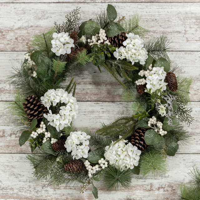 24" White Hydrangea, Berry and Pine Wreath
