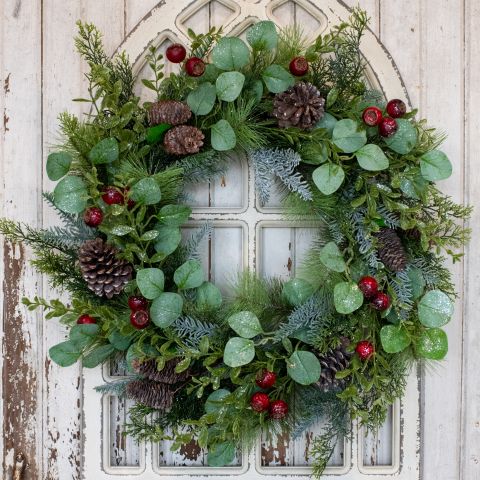 24" Glittered Mixed Greens w/ Rounded Eucalyptus Wreath
