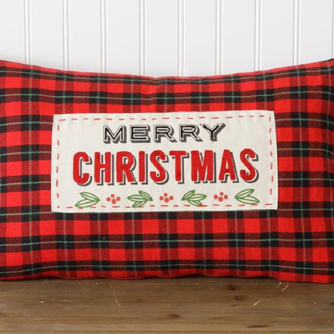 Embroidered Plaid "Merry Christmas' Pillow