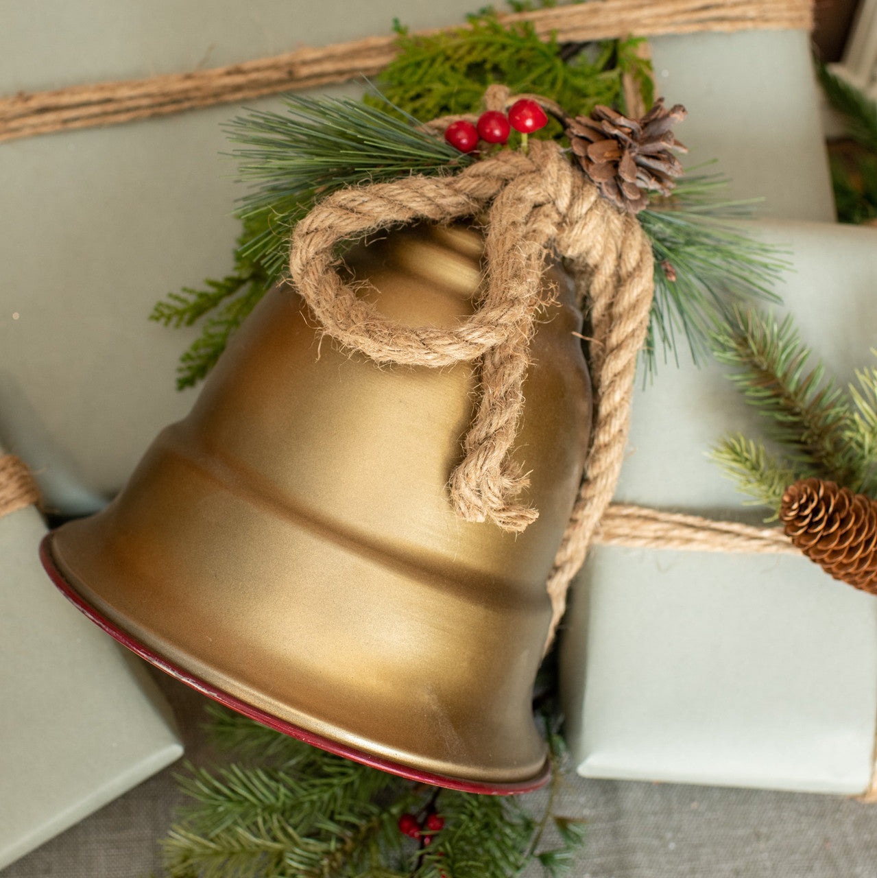 9" Holiday Gold Bells w/ Pine