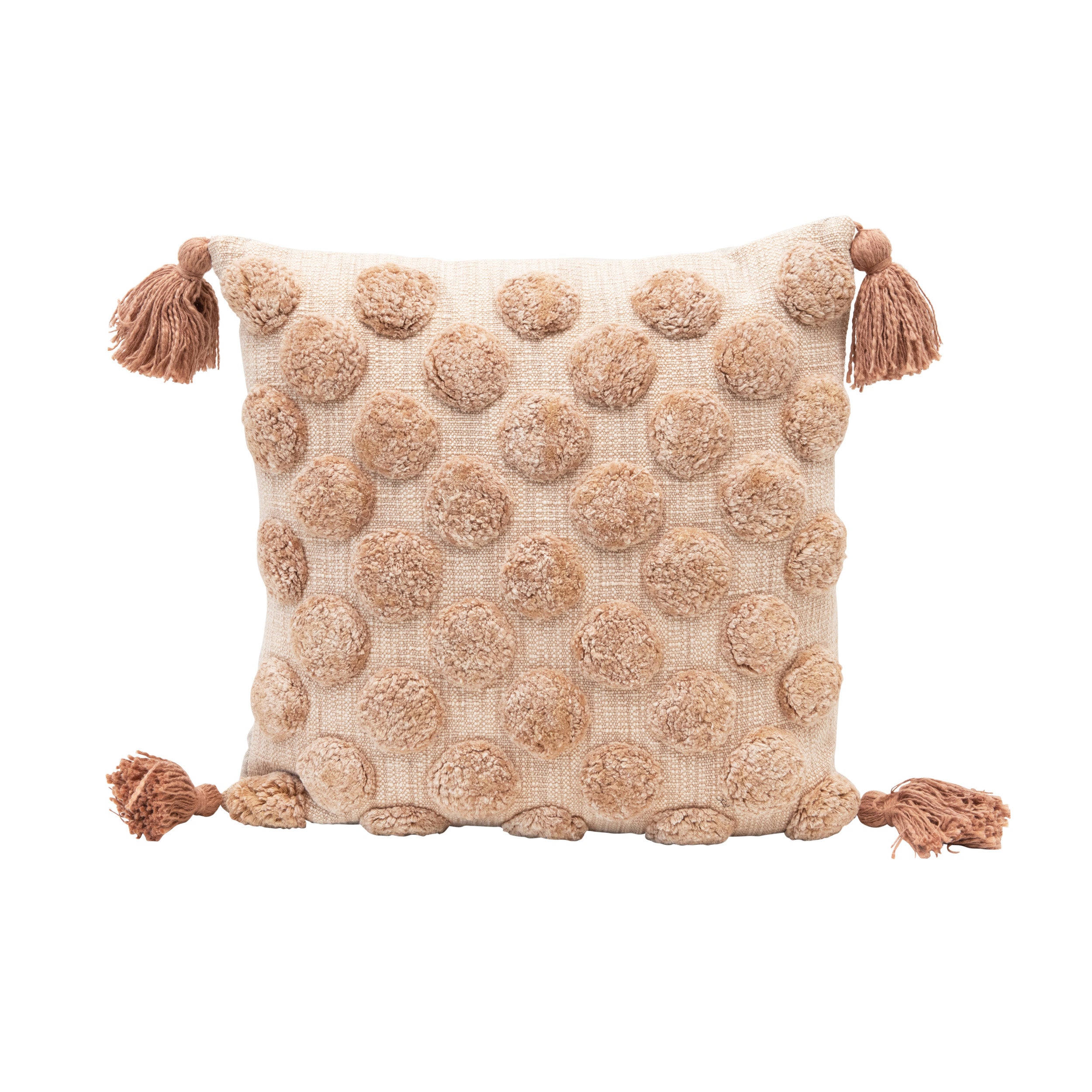 18" Square Cotton Tufted Dot Pillow w/ Tassels, Blush Color