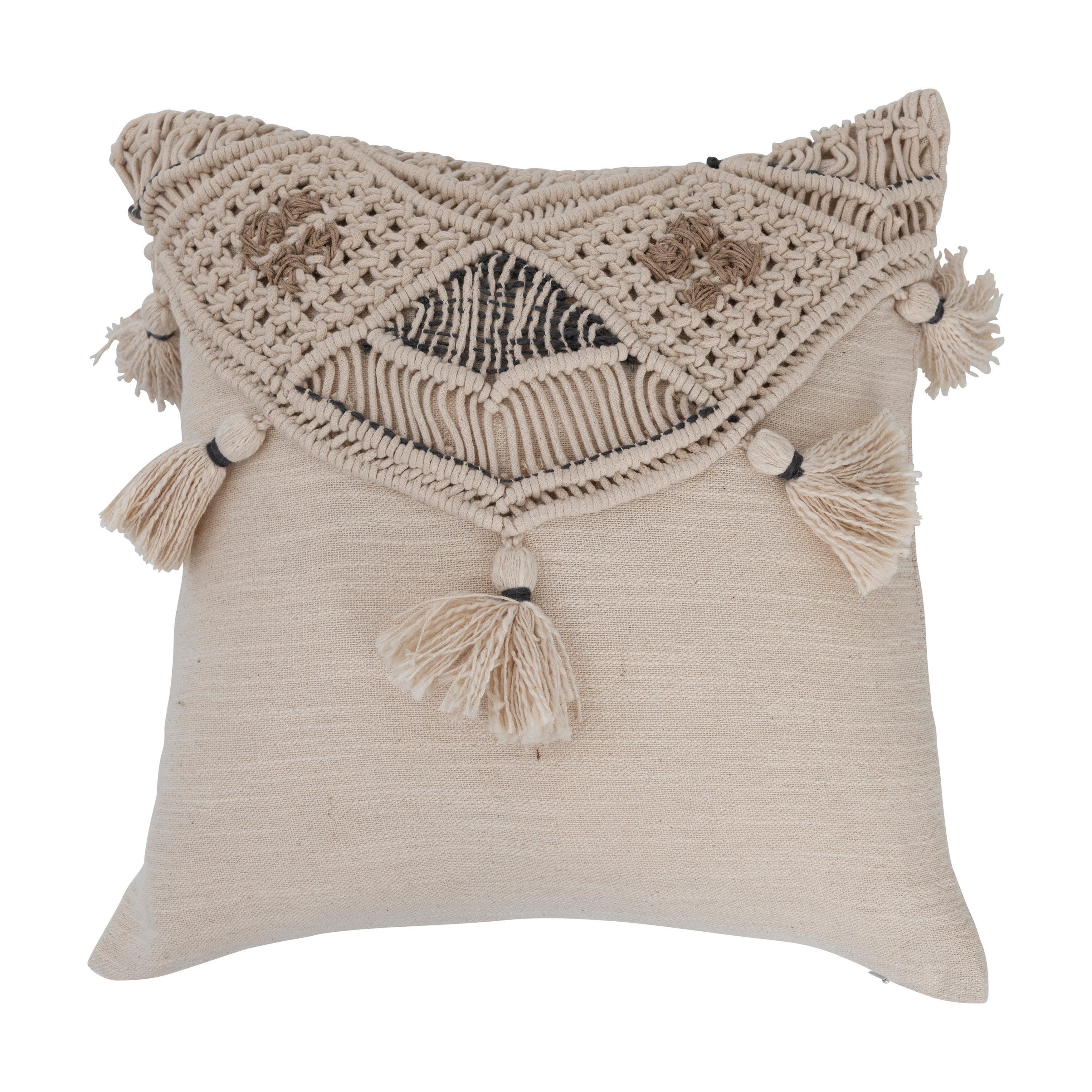 16" Square Hand-Woven Cotton & Jute Pillow w/ Macrame & Tassels, Multi Color