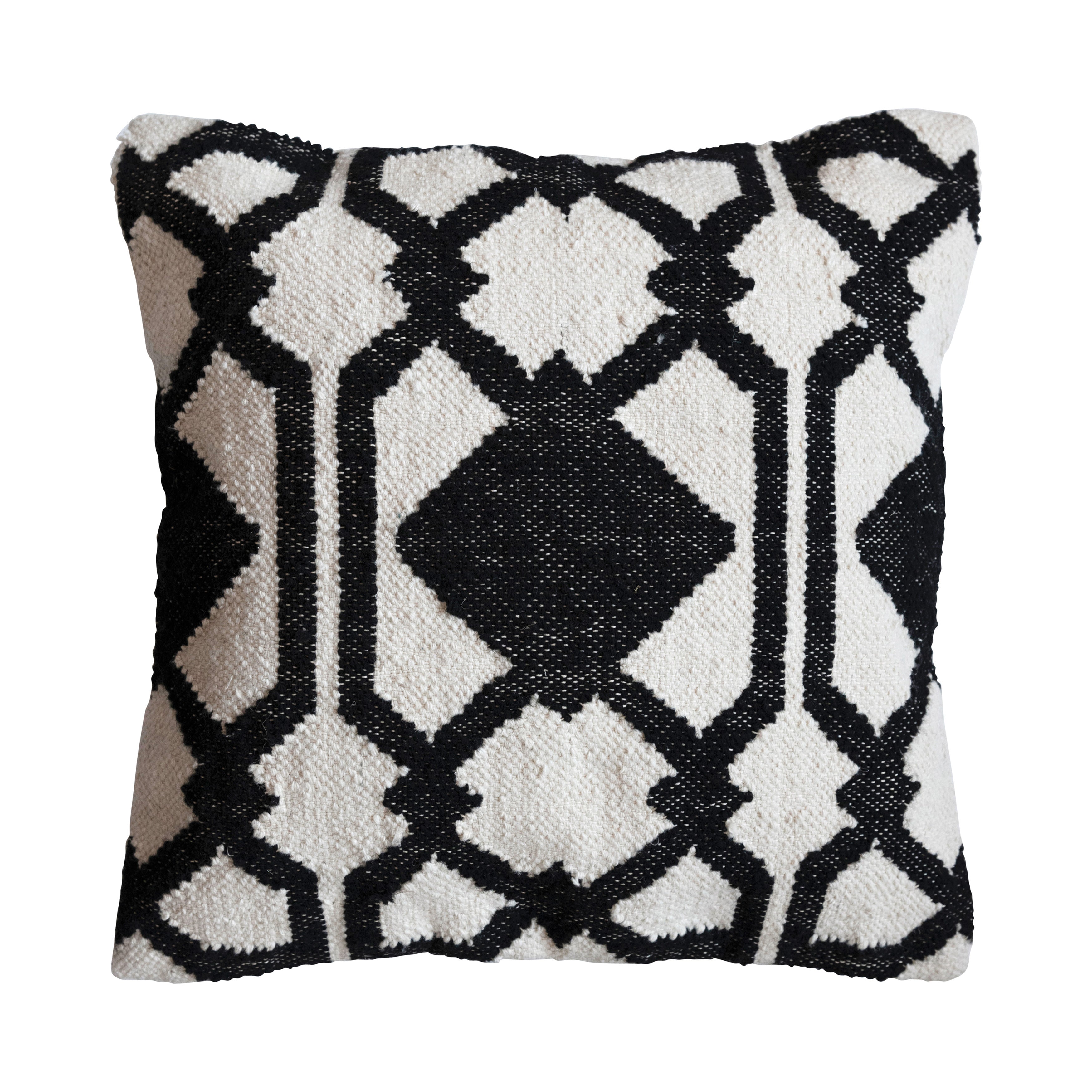 20" Square Woven Wool & Cotton Pillow w/ Pattern, Black & Cream Color