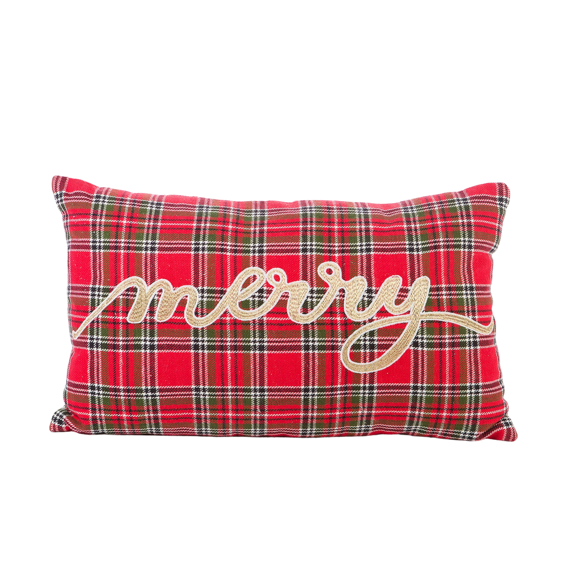 Embroidered "Merry" Tartan Plaid Pillow